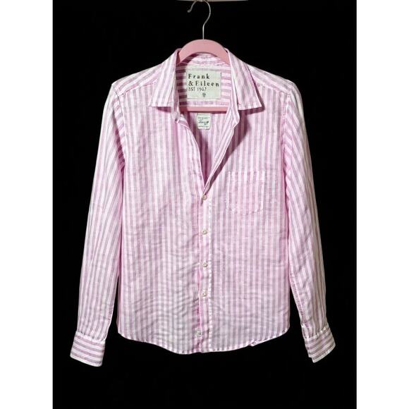Frank & Eileen Barry Womens Pink & White Striped 100% Linen Shirt Medium NWT - Picture 1 of 7